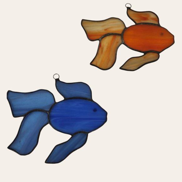 Vintage Stained Glass Gold Fish Beta Fish PAIR Sun Catchers Orange Blue Handmade - Picture 2 of 6